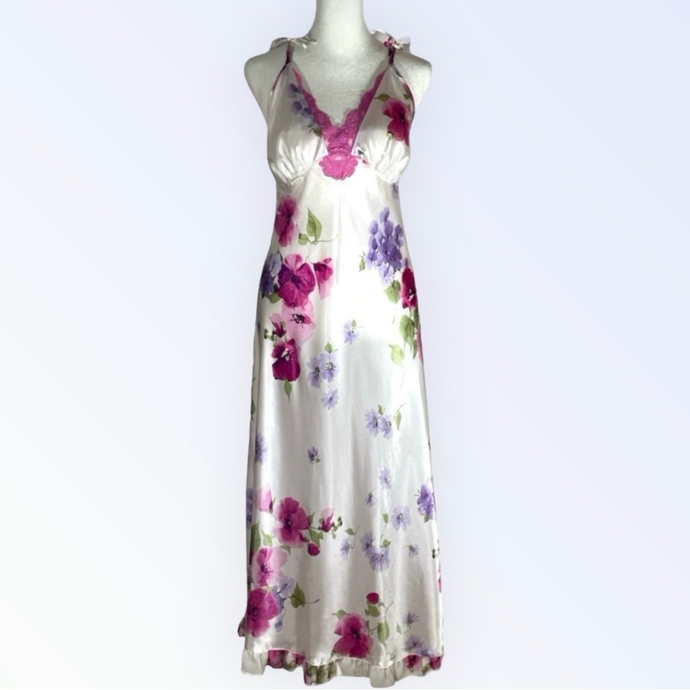Women’s satin floral maxi dress night gown ruffle hem size XL